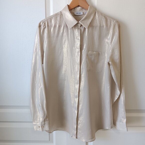 Per Se by Carlisle Pale Gold Shimmer Ramie Button Front Shirt Size 12 - Picture 1 of 13